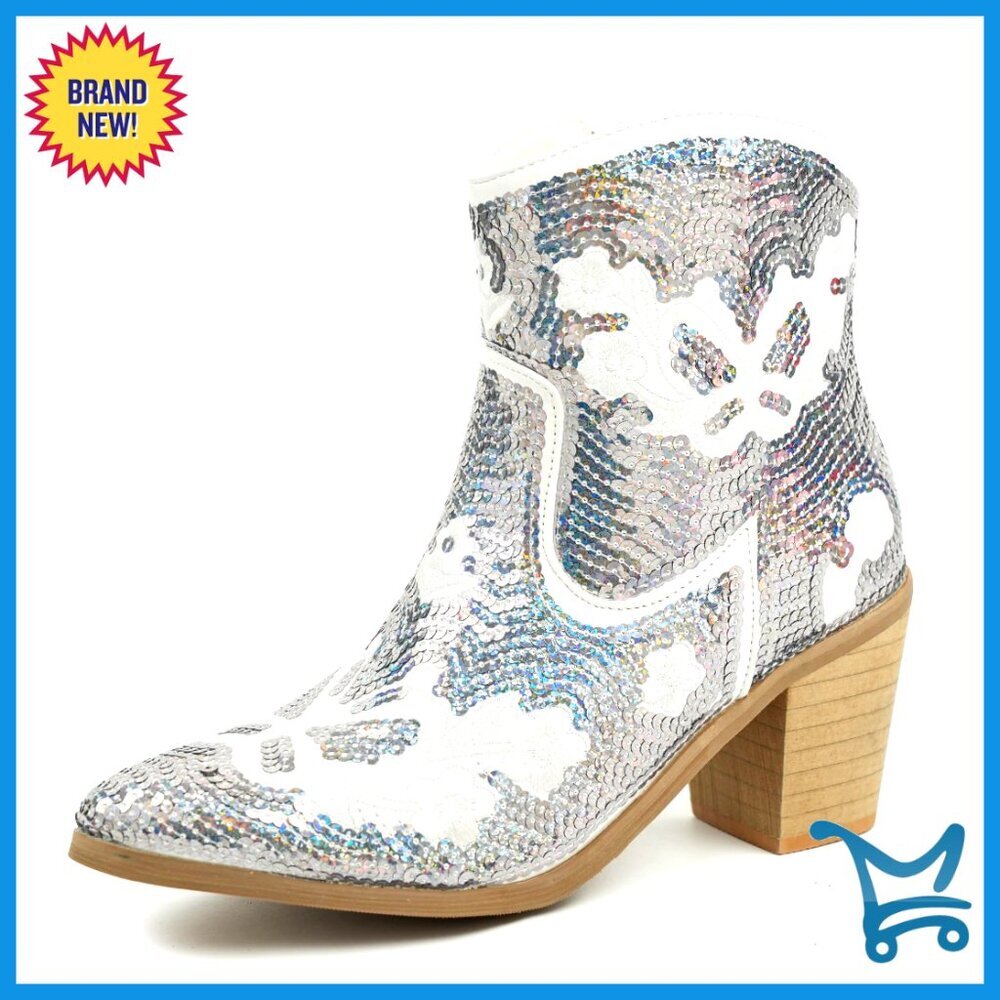 Women's Western Cowboy Ankle Boots with Zipper Pointed Toe Block Heel